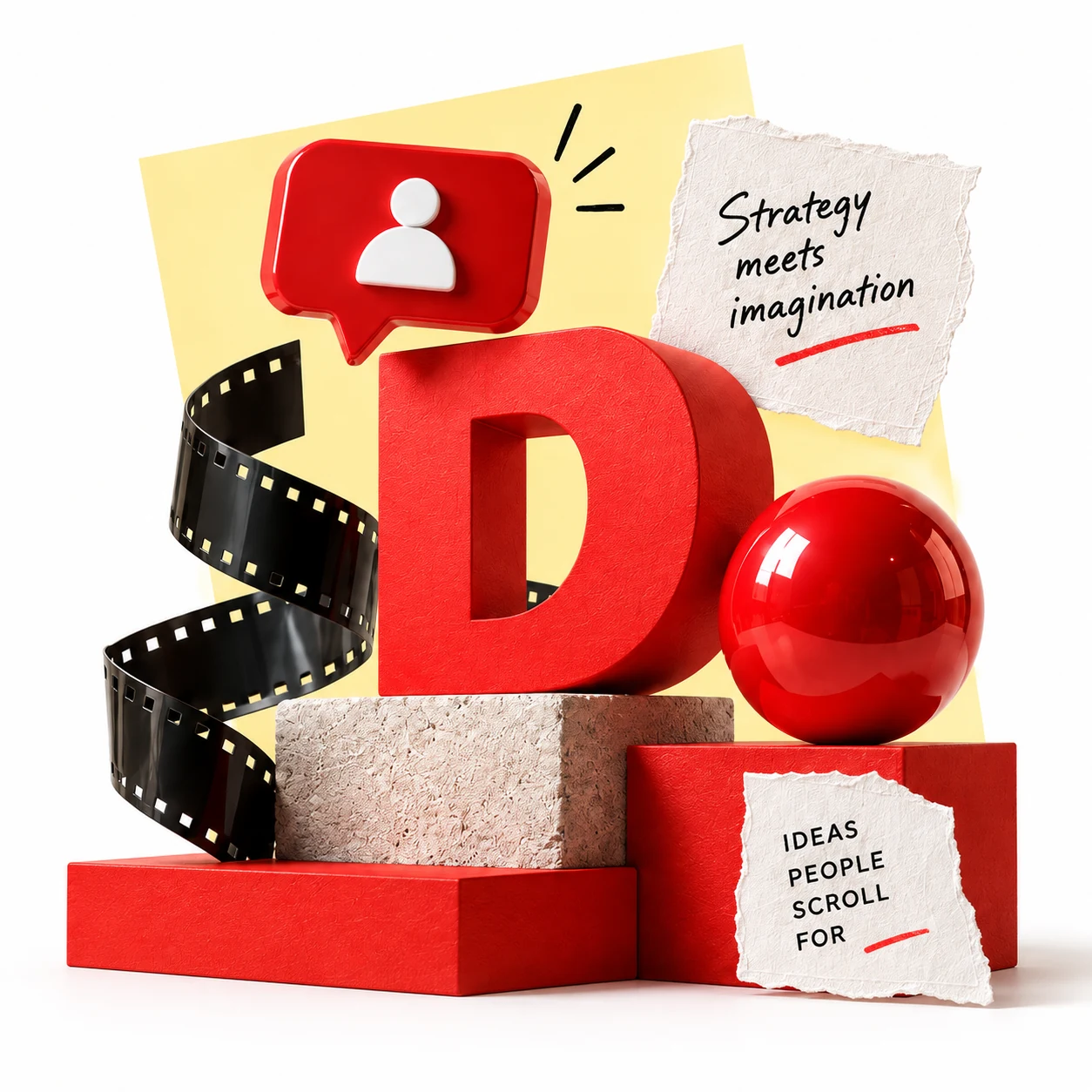 Playful red D sculpture, film strip and creative objects against a soft yellow backdrop